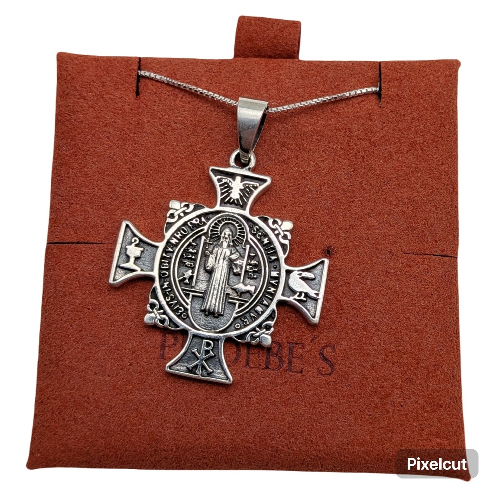 Phoebe's St Benedict Cross Medal Pendant Necklace italy 925 Silver Made in Spain